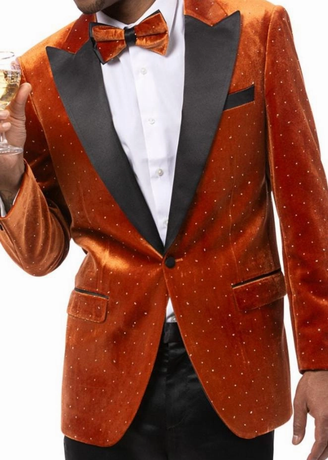 Rust Velvet Blazer with Black Satin Lapel & Diamond Studs - Modern Fit