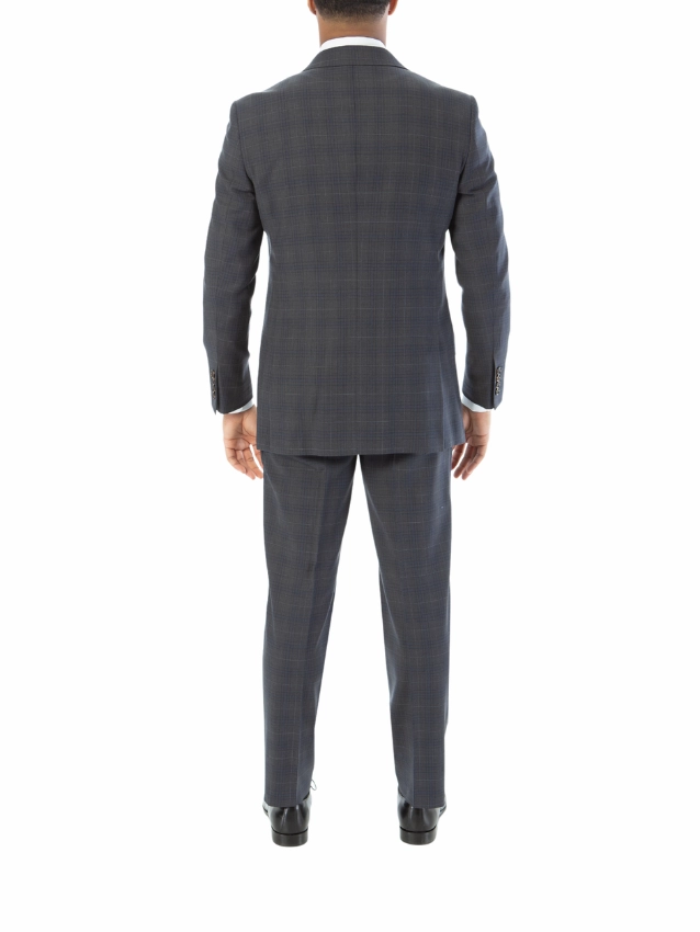 Sartoria Mazara Mens Classic Fit Gray With Blue Check 100% Wool Suit With Peak Lapels