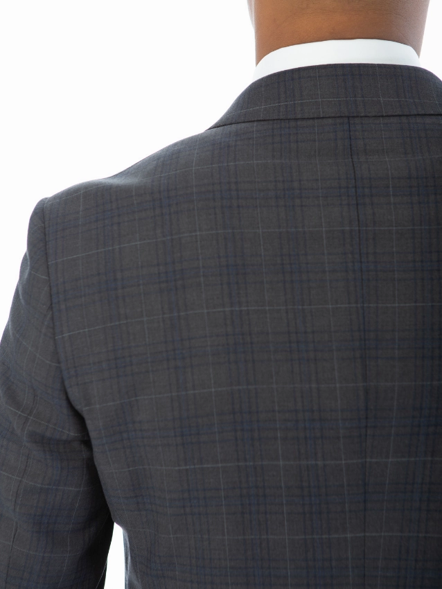Sartoria Mazara Mens Classic Fit Gray With Blue Check 100% Wool Suit With Peak Lapels