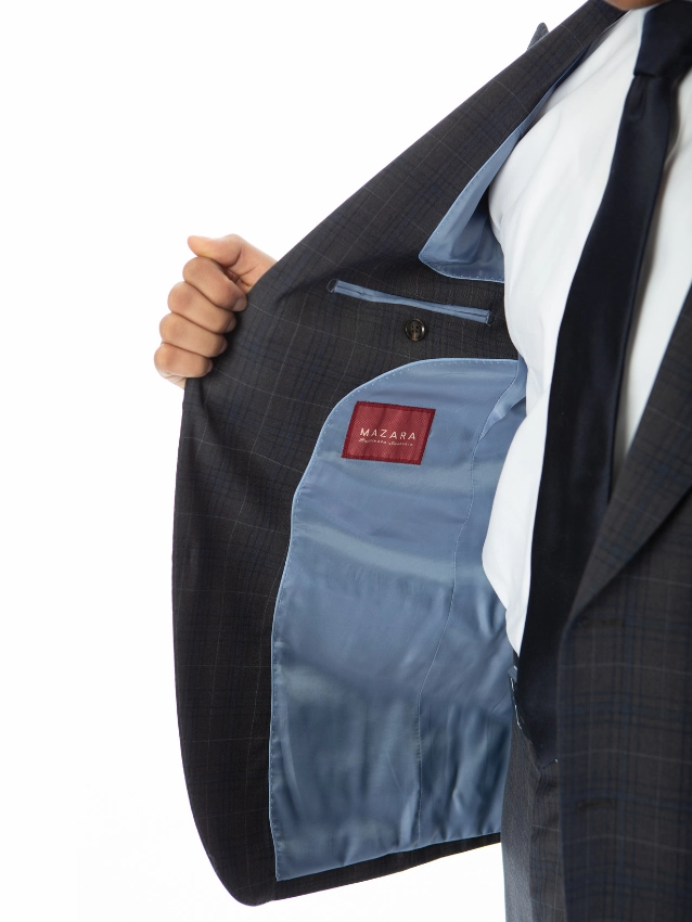 Sartoria Mazara Mens Classic Fit Gray With Blue Check 100% Wool Suit With Peak Lapels