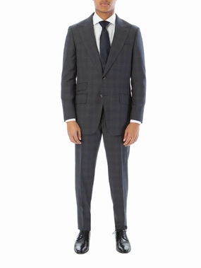 Sartoria Mazara Mens Classic Fit Gray With Blue Check 100% Wool Suit With Peak Lapels