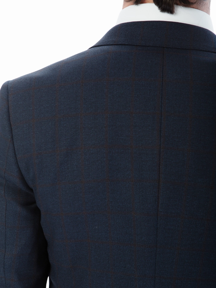 Sartoria Mazara Mens Slim Fit Navy Blue & Brown Check 100% Wool 2 Piece Suit