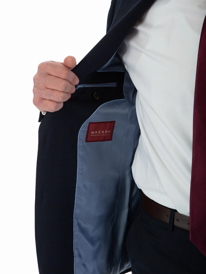 Sartoria Mazara Mens Slim Fit Navy Blue & Brown Check 100% Wool 2 Piece Suit