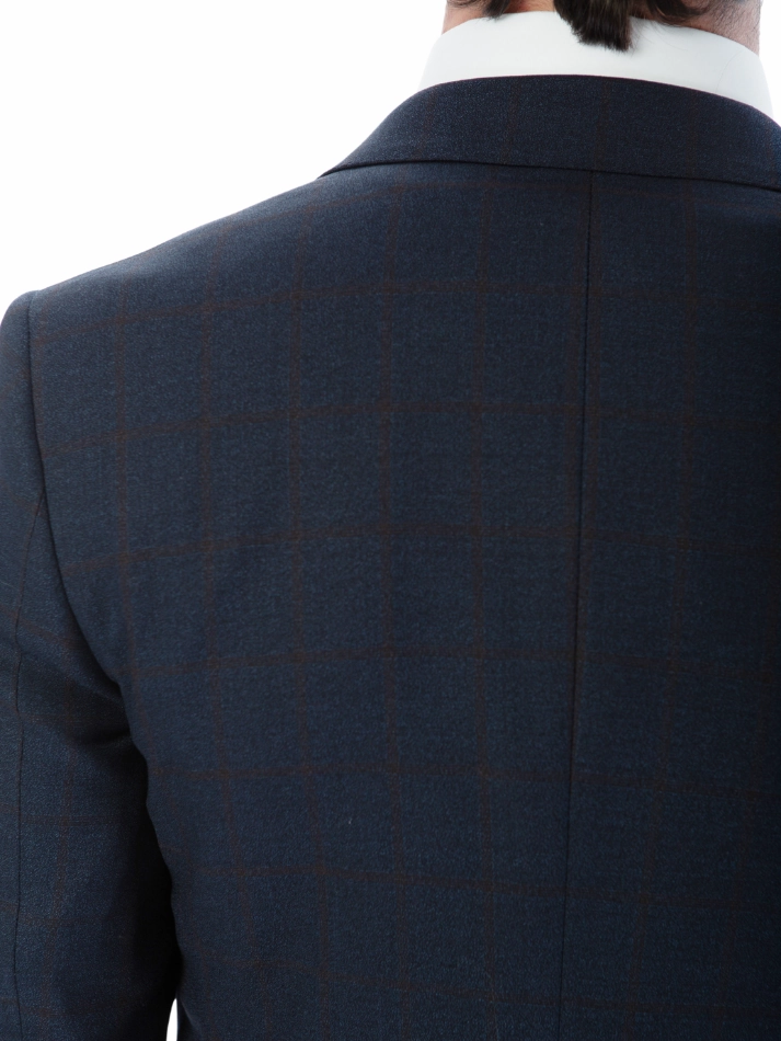 Sartoria Mazara Mens Slim Fit Navy Blue & Brown Check 100% Wool 2 Piece Suit