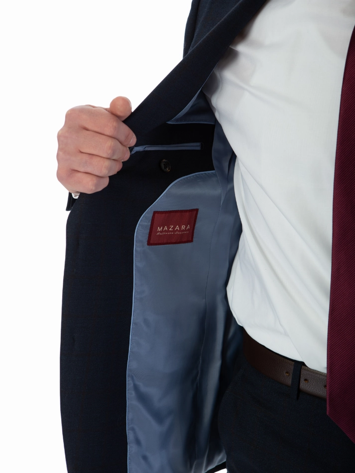 Sartoria Mazara Mens Slim Fit Navy Blue & Brown Check 100% Wool 2 Piece Suit