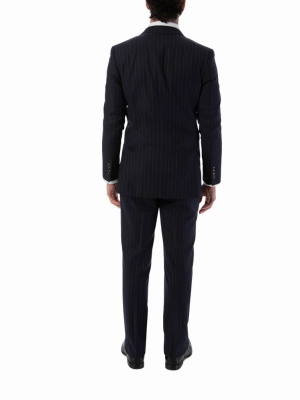Sartoria Mazara Mens Slim Fit Navy Blue & Gray Pinstriped 100% Wool Suit With Peak Lapels