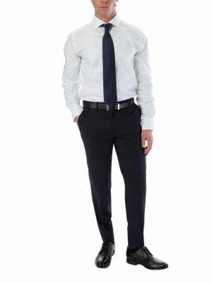 Sartoria Mazara Mens Slim Fit Navy Blue & Gray Pinstriped 100% Wool Suit With Peak Lapels