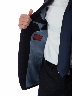 Sartoria Mazara Mens Slim Fit Navy Blue & Gray Pinstriped 100% Wool Suit With Peak Lapels