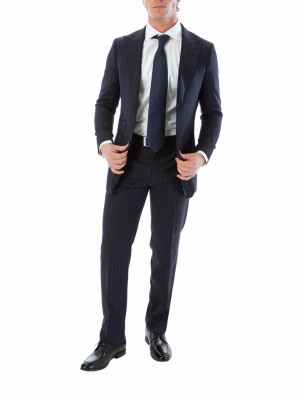 Sartoria Mazara Mens Slim Fit Navy Blue & Gray Pinstriped 100% Wool Suit With Peak Lapels