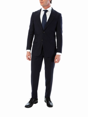 Sartoria Mazara Mens Slim Fit Navy Blue & Gray Pinstriped 100% Wool Suit With Peak Lapels