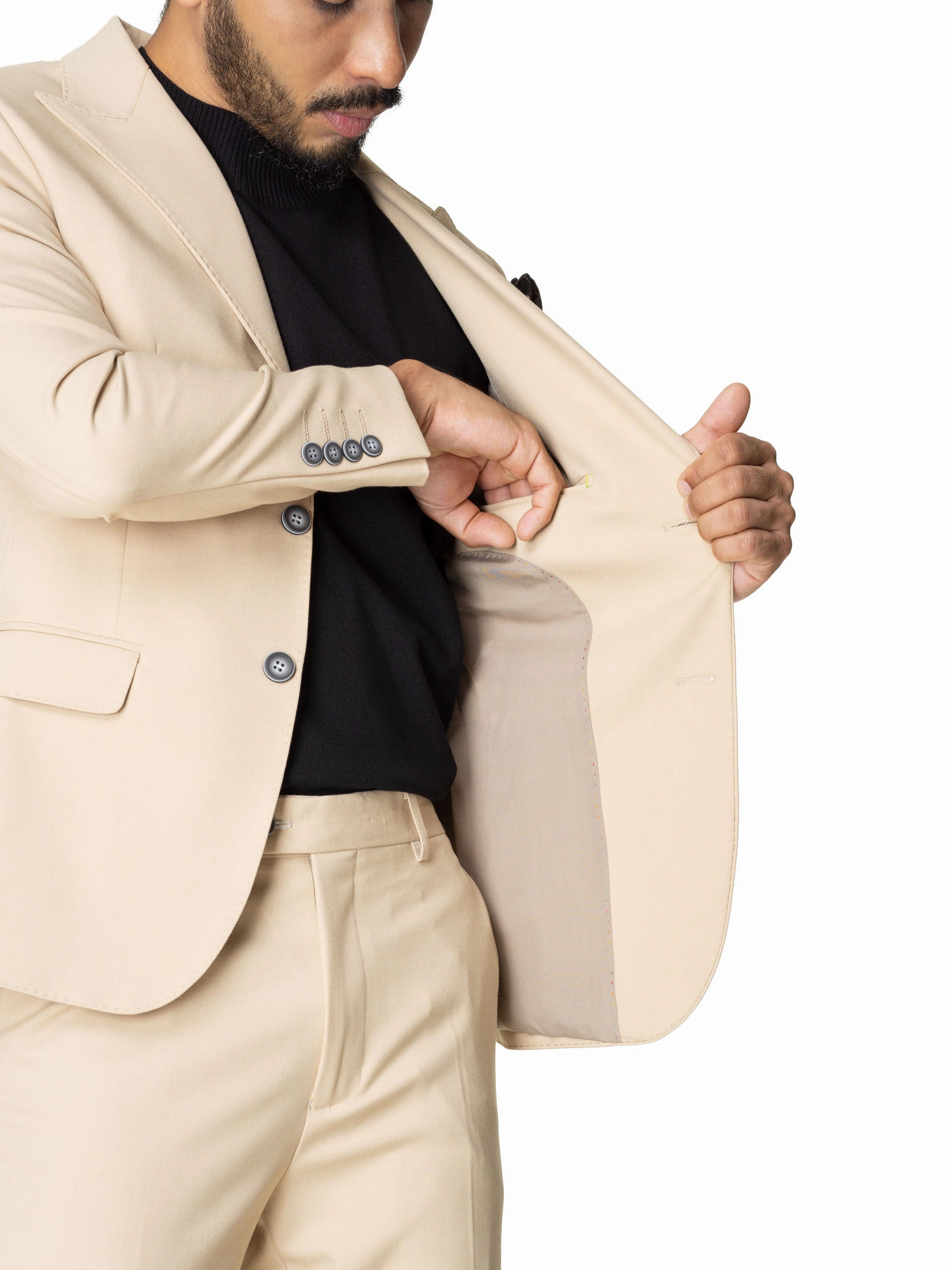 Single Breasted Suit Blazer - Beige Plain (Peak Lapel)