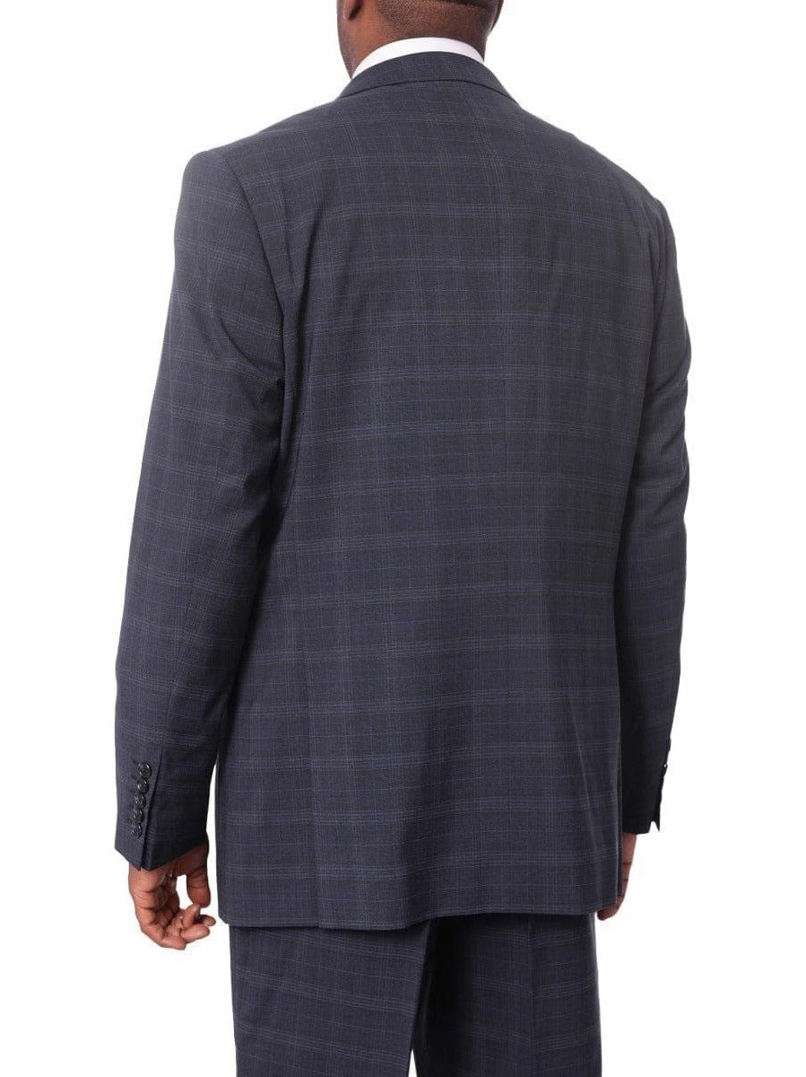 Steven Land Mens Blue Plaid 100% Wool Classic Fit 3 Piece Suit