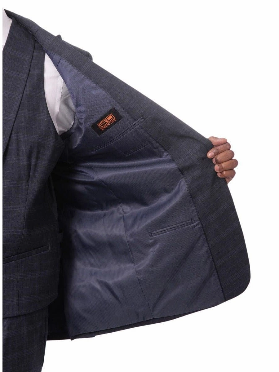 Steven Land Mens Blue Plaid 100% Wool Classic Fit 3 Piece Suit
