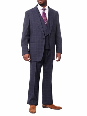 Steven Land Mens Blue Plaid 100% Wool Classic Fit 3 Piece Suit