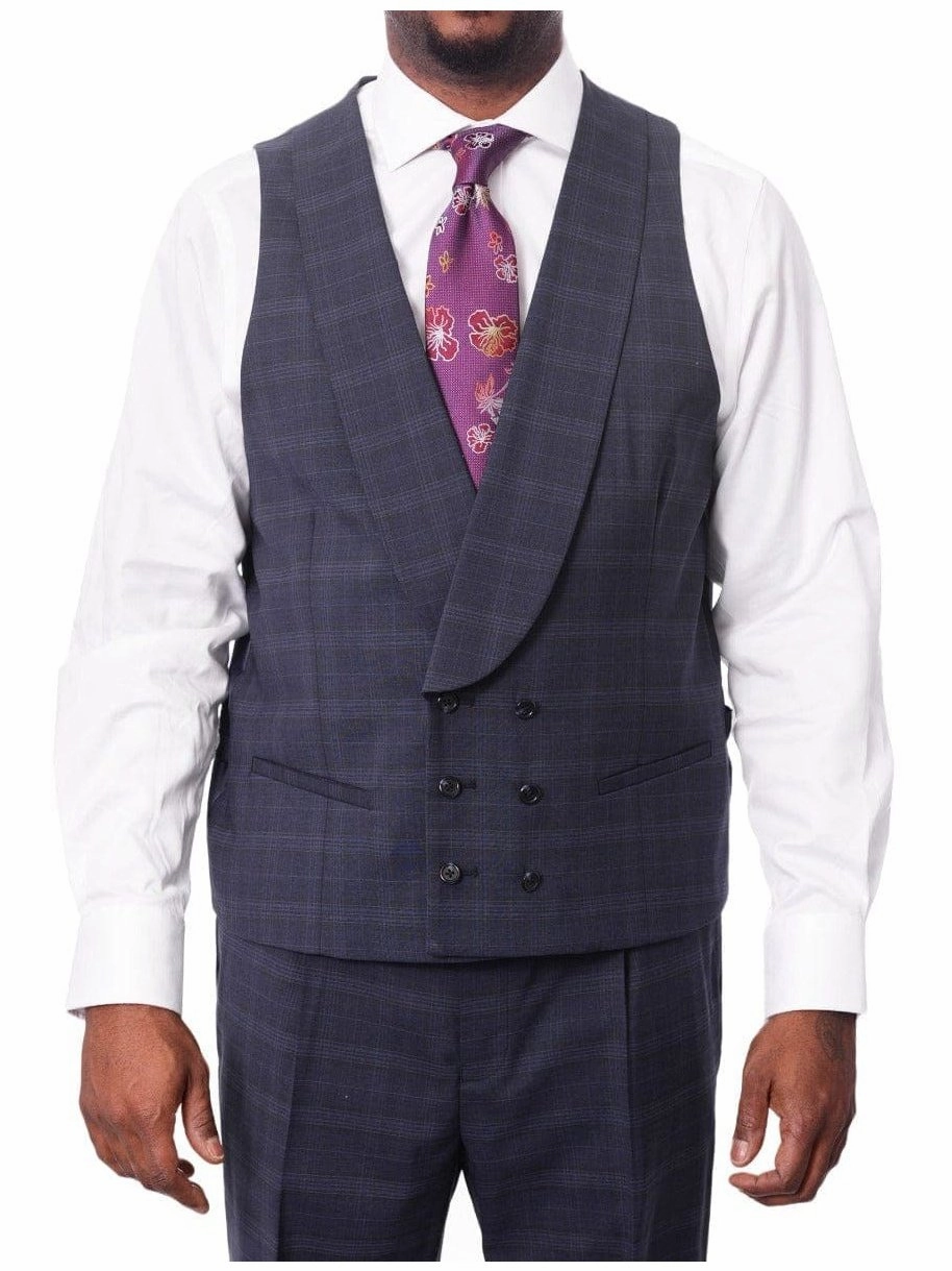 Steven Land Mens Blue Plaid 100% Wool Classic Fit 3 Piece Suit