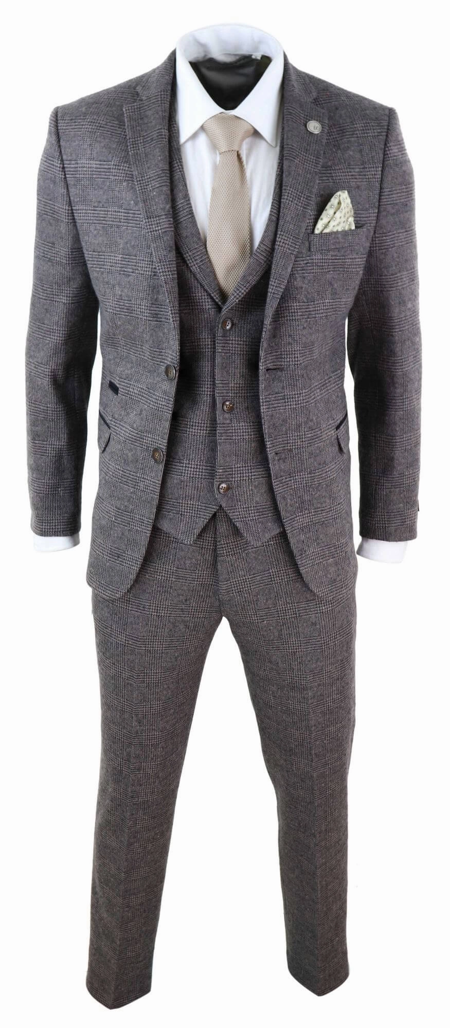 STZ17 Wool 3 Piece Check Suit Tweed Brown