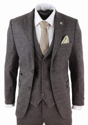 STZ17 Wool 3 Piece Check Suit Tweed Brown
