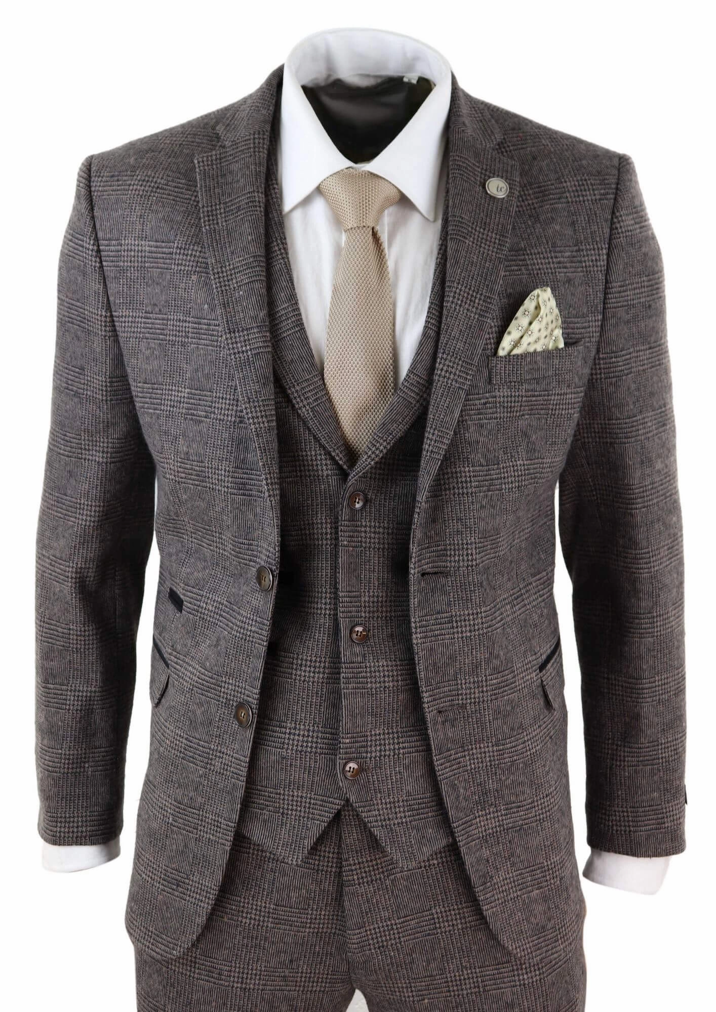 STZ17 Wool 3 Piece Check Suit Tweed Brown