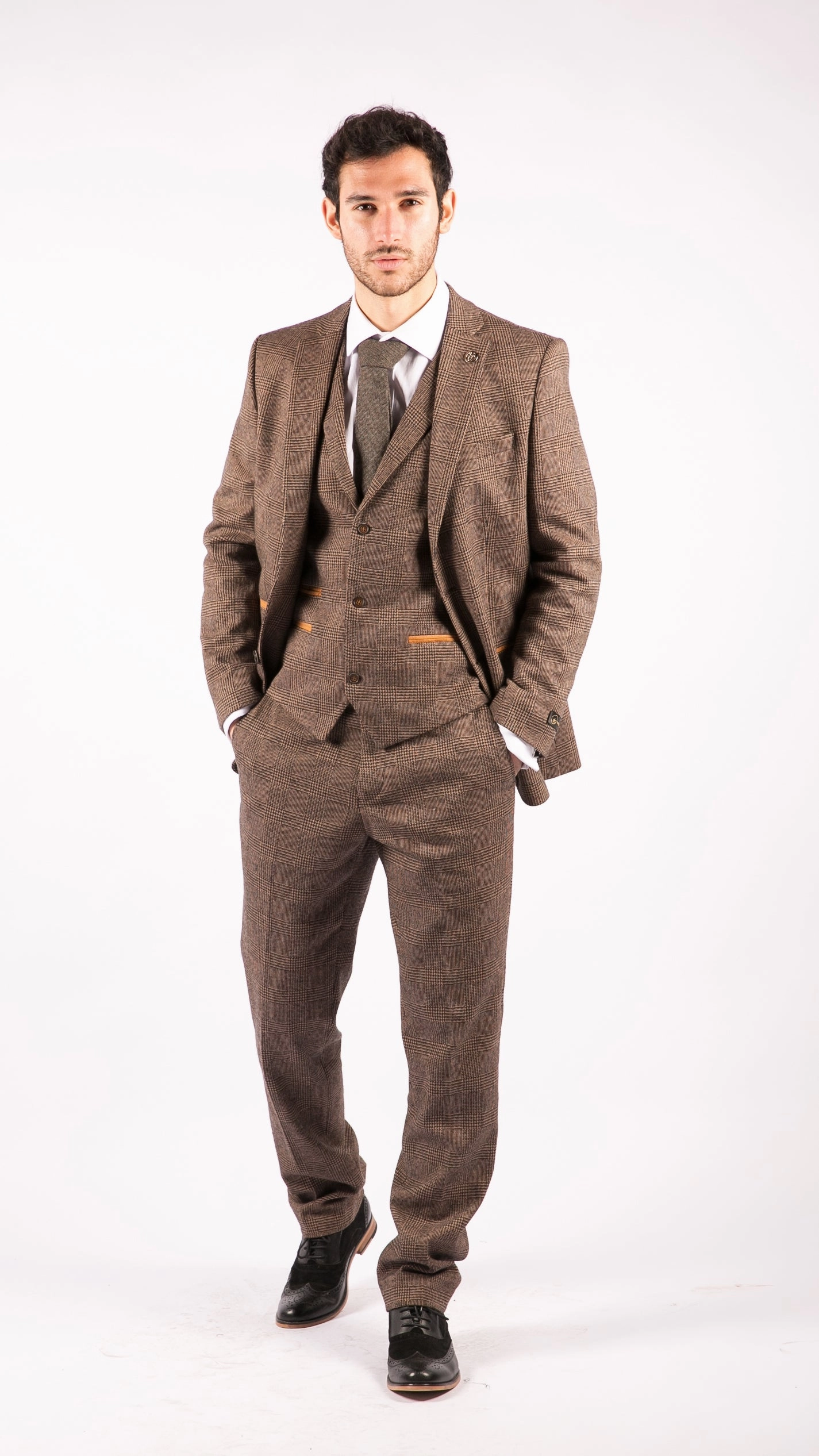 STZ17 Wool 3 Piece Check Suit Tweed Brown