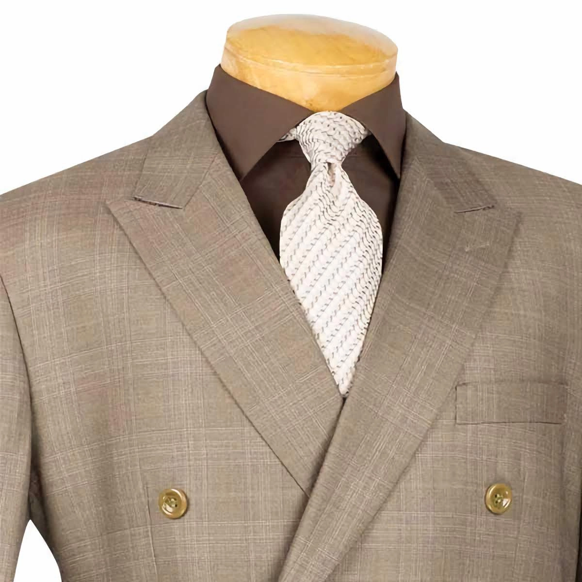 Tan Double Breasted 2 Piece Suit Regular Fit Glen Plaid