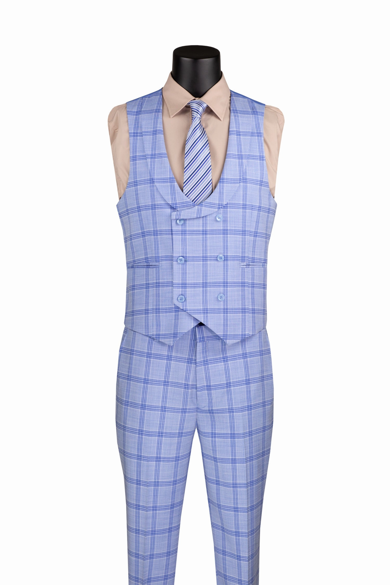 Venetian Collection Modern Fit Windowpane Suit 3 Piece in Light Blue