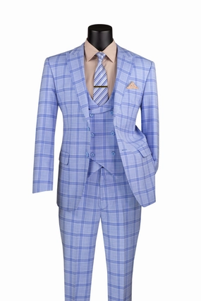 Venetian Collection Modern Fit Windowpane Suit 3 Piece in Light Blue