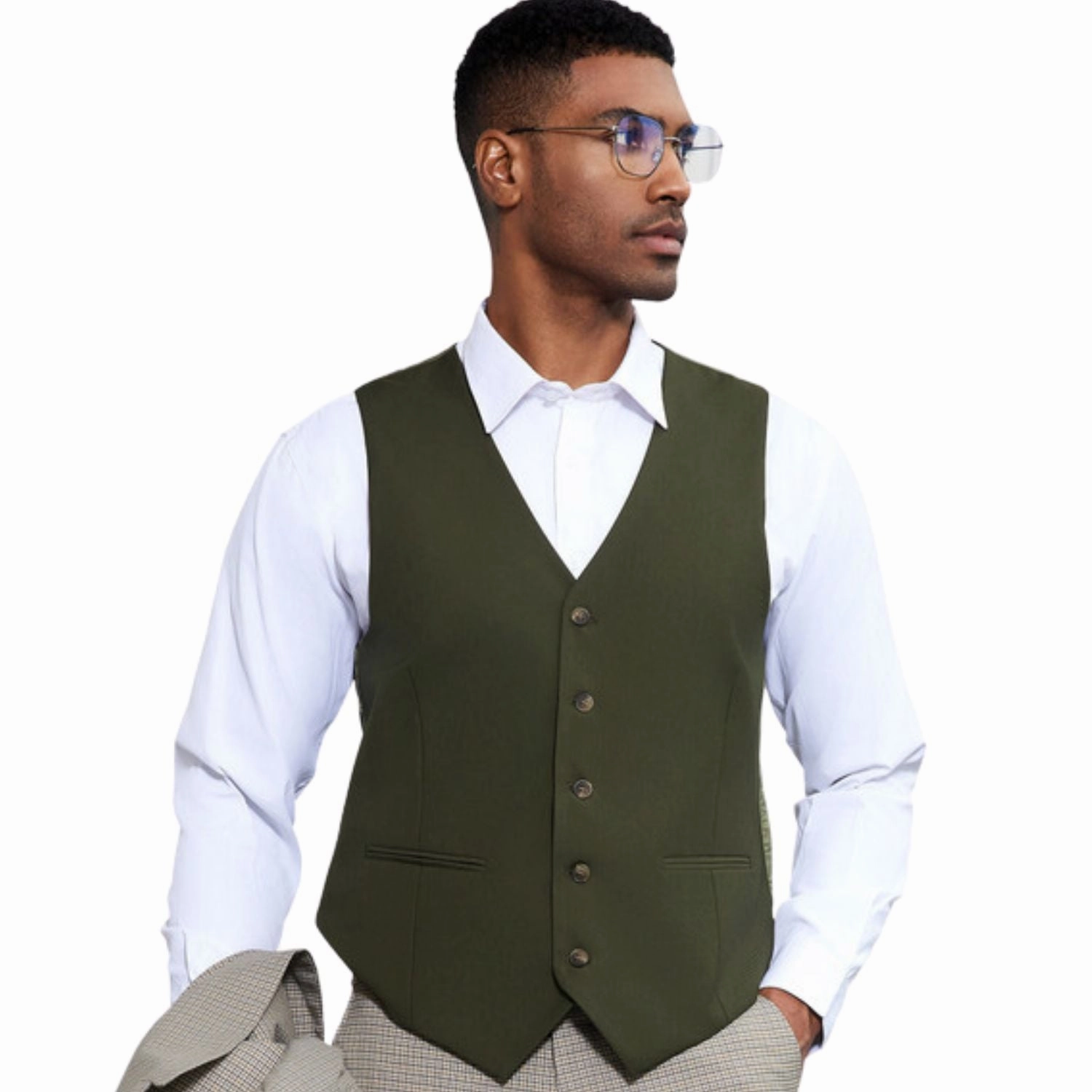 Verdant Eclipse Collection: Stacy Adams Glen Plaid 3 Piece Suit In Beige And Olive Green