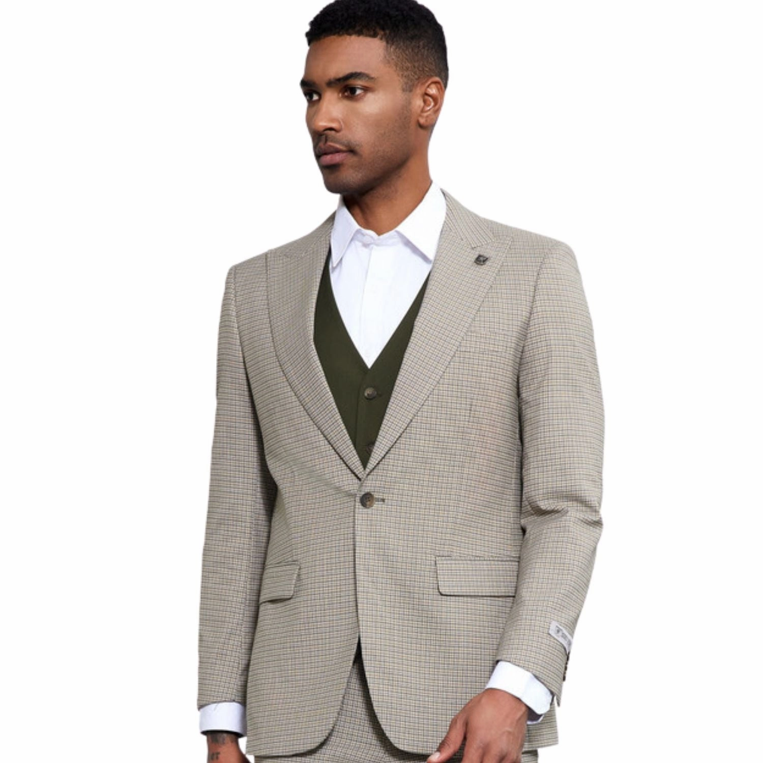 Verdant Eclipse Collection: Stacy Adams Glen Plaid 3 Piece Suit In Beige And Olive Green