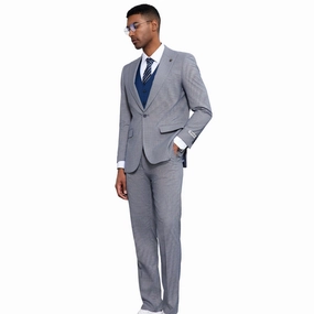 Verdant Eclipse Collection: Stacy Adams Glen Plaid 3 Piece Suit In Grey And Blue