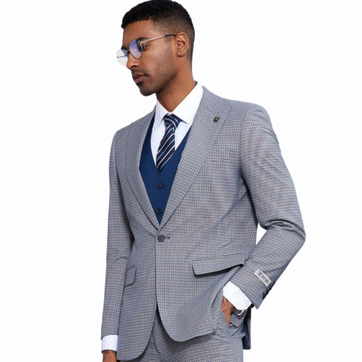 Verdant Eclipse Collection: Stacy Adams Glen Plaid 3 Piece Suit In Grey And Blue