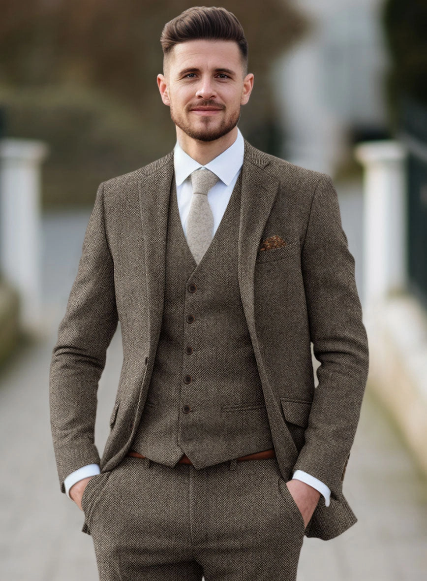 Vintage Dark Brown Herringbone Tweed Suit