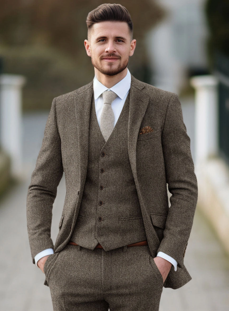 Vintage Dark Brown Herringbone Tweed Suit