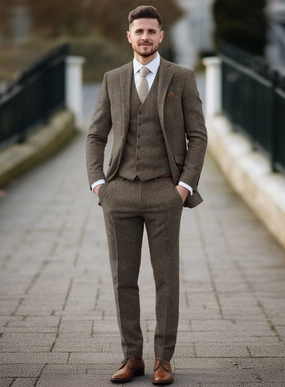 Vintage Dark Brown Herringbone Tweed Suit