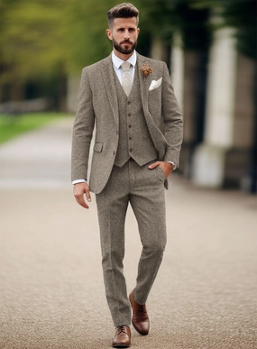 Vintage Herringbone Brown Tweed Suit