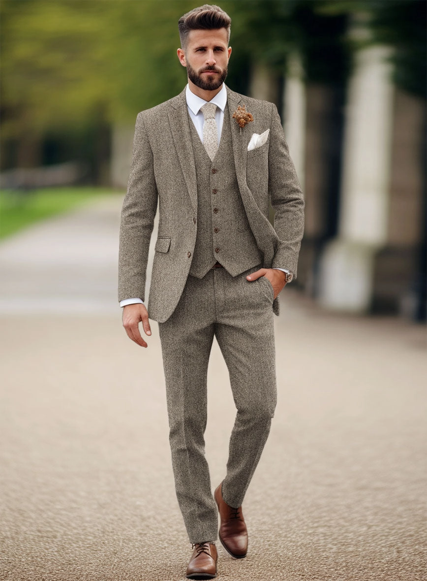 Vintage Herringbone Brown Tweed Suit