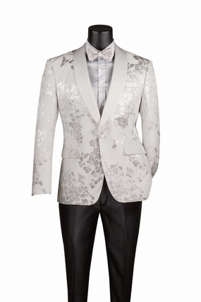 White Slim fit Fit Floral Pattern Jacket Shawl Lapel With Bow Tie