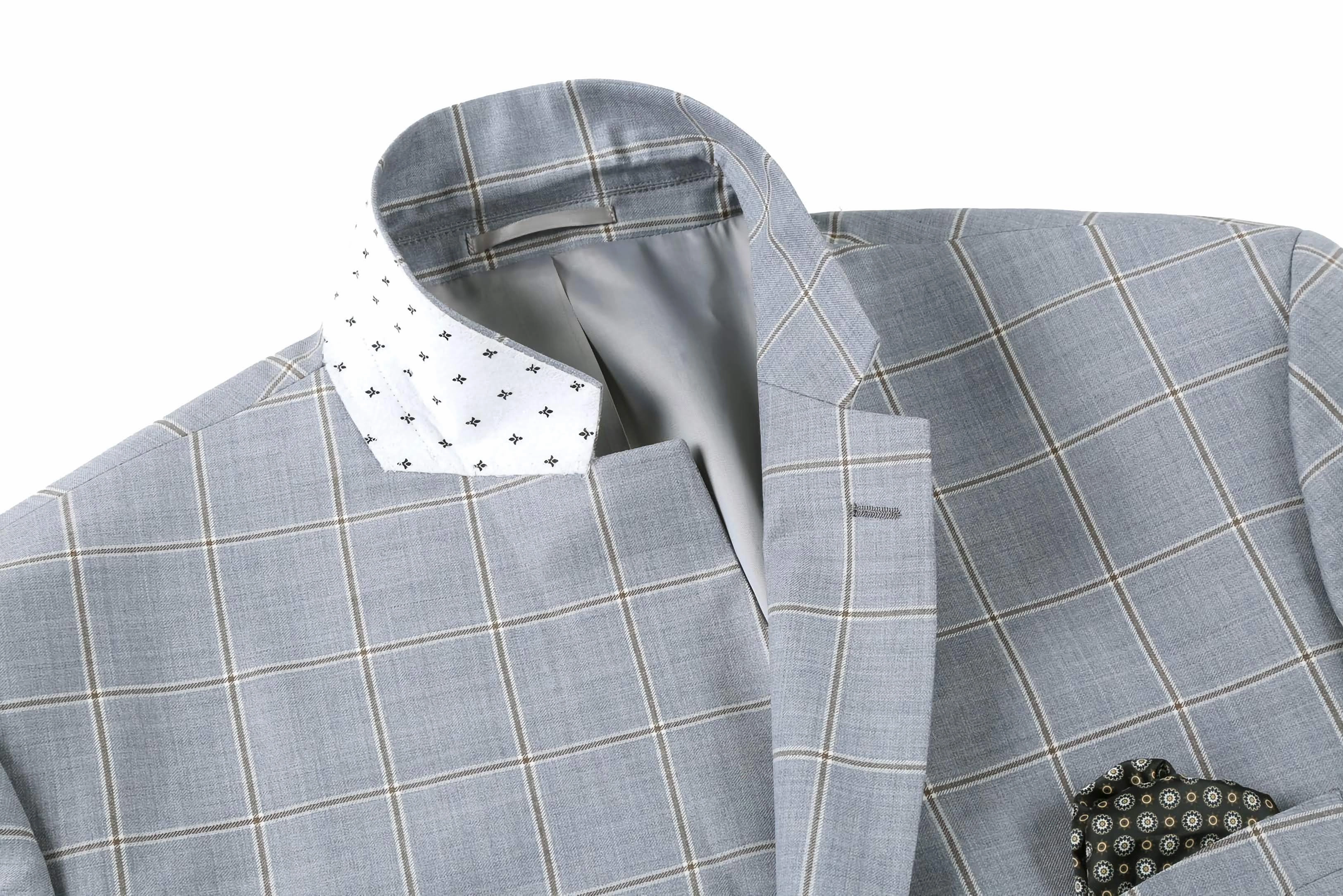 Wool Windowpane Pattern Regular Fit 2 Button Blazer in Stone Blue
